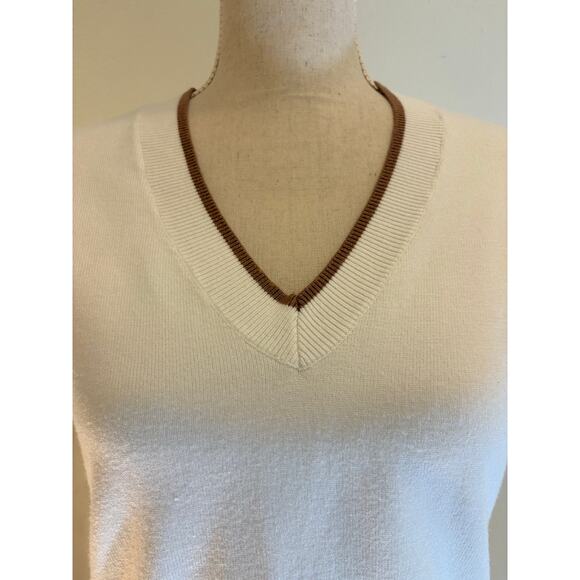 MARLED V-Neck Sweater White Long Sleeve Brown Trim Fall Minimalist | XS - Picture 5 of 7